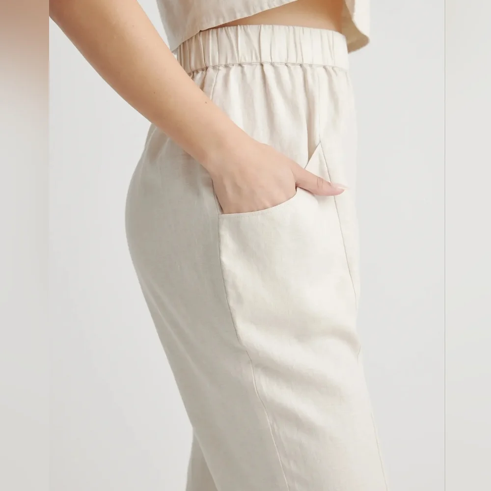 Linen-Blend Cream High-Waist Pants